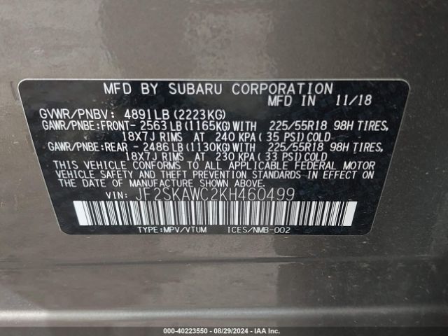 Photo 8 VIN: JF2SKAWC2KH460499 - SUBARU FORESTER 