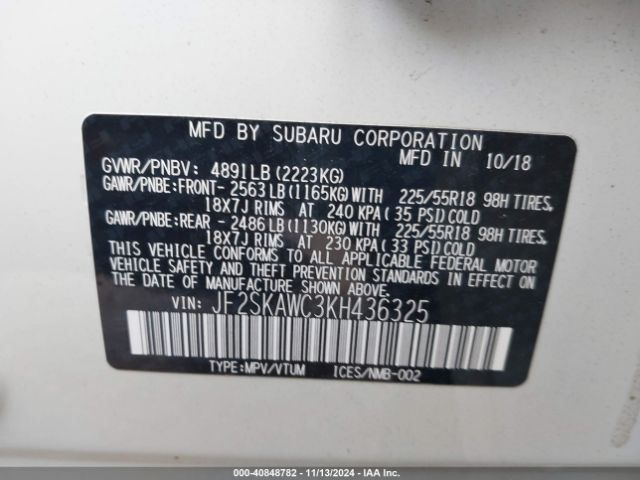 Photo 8 VIN: JF2SKAWC3KH436325 - SUBARU FORESTER 