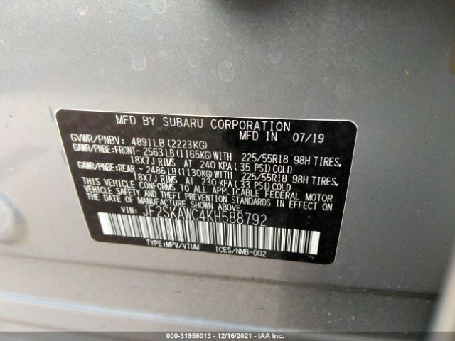 Photo 8 VIN: JF2SKAWC4KH588792 - SUBARU FORESTER 