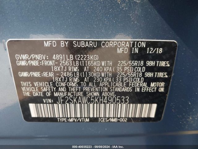 Photo 8 VIN: JF2SKAWC5KH490533 - SUBARU FORESTER 