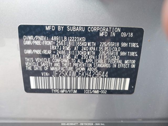 Photo 8 VIN: JF2SKAWC6KH429644 - SUBARU FORESTER 