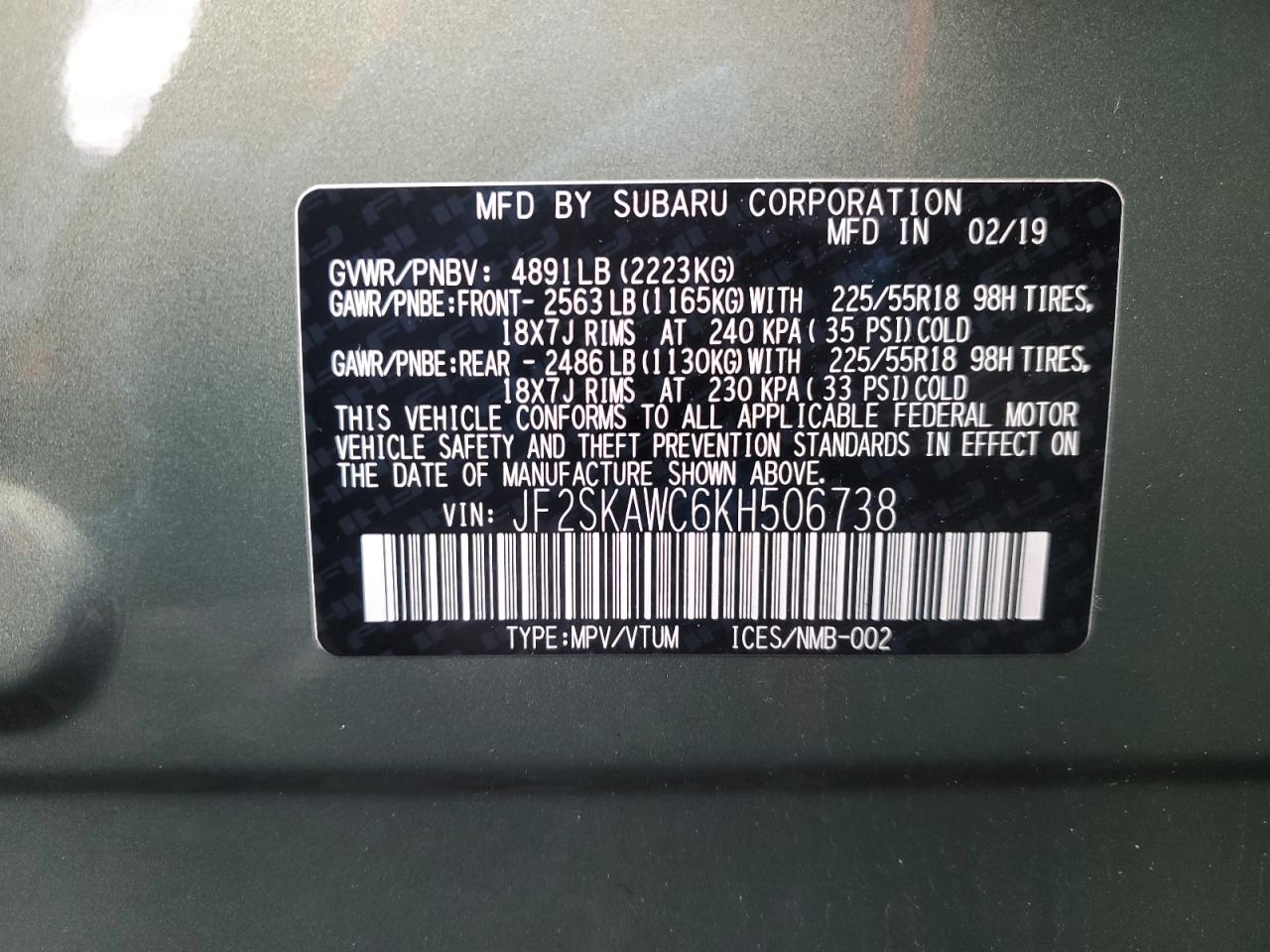 Photo 11 VIN: JF2SKAWC6KH506738 - SUBARU FORESTER 