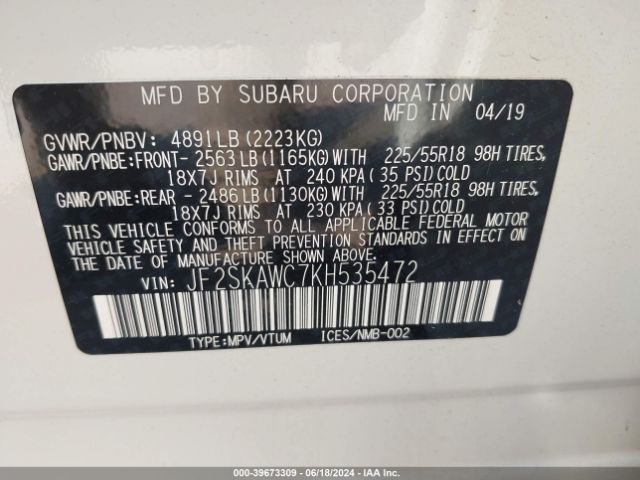 Photo 8 VIN: JF2SKAWC7KH535472 - SUBARU FORESTER 