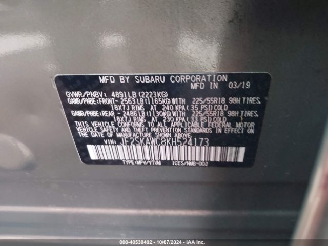 Photo 8 VIN: JF2SKAWC8KH524173 - SUBARU FORESTER 