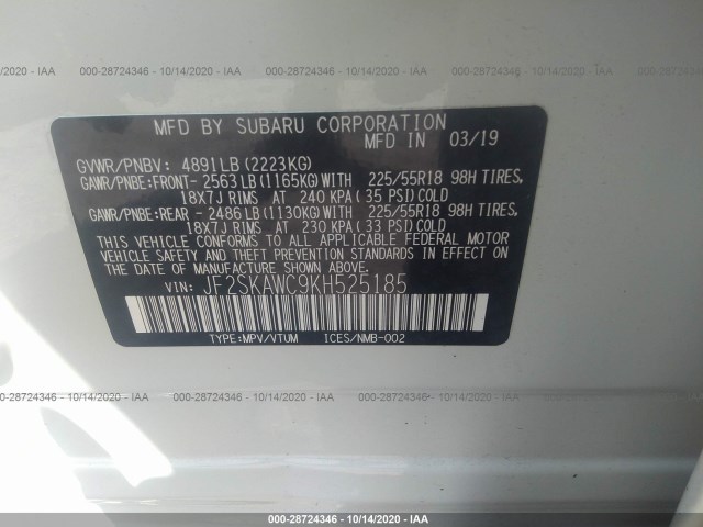 Photo 8 VIN: JF2SKAWC9KH525185 - SUBARU FORESTER 