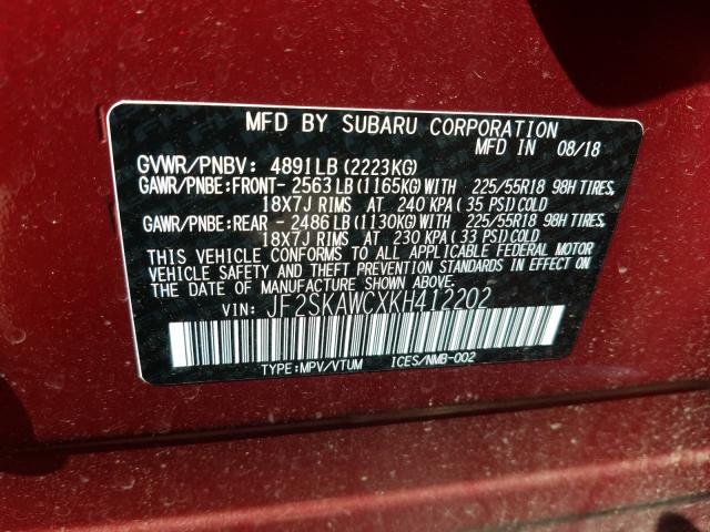 Photo 9 VIN: JF2SKAWCXKH412202 - SUBARU FORESTER T 