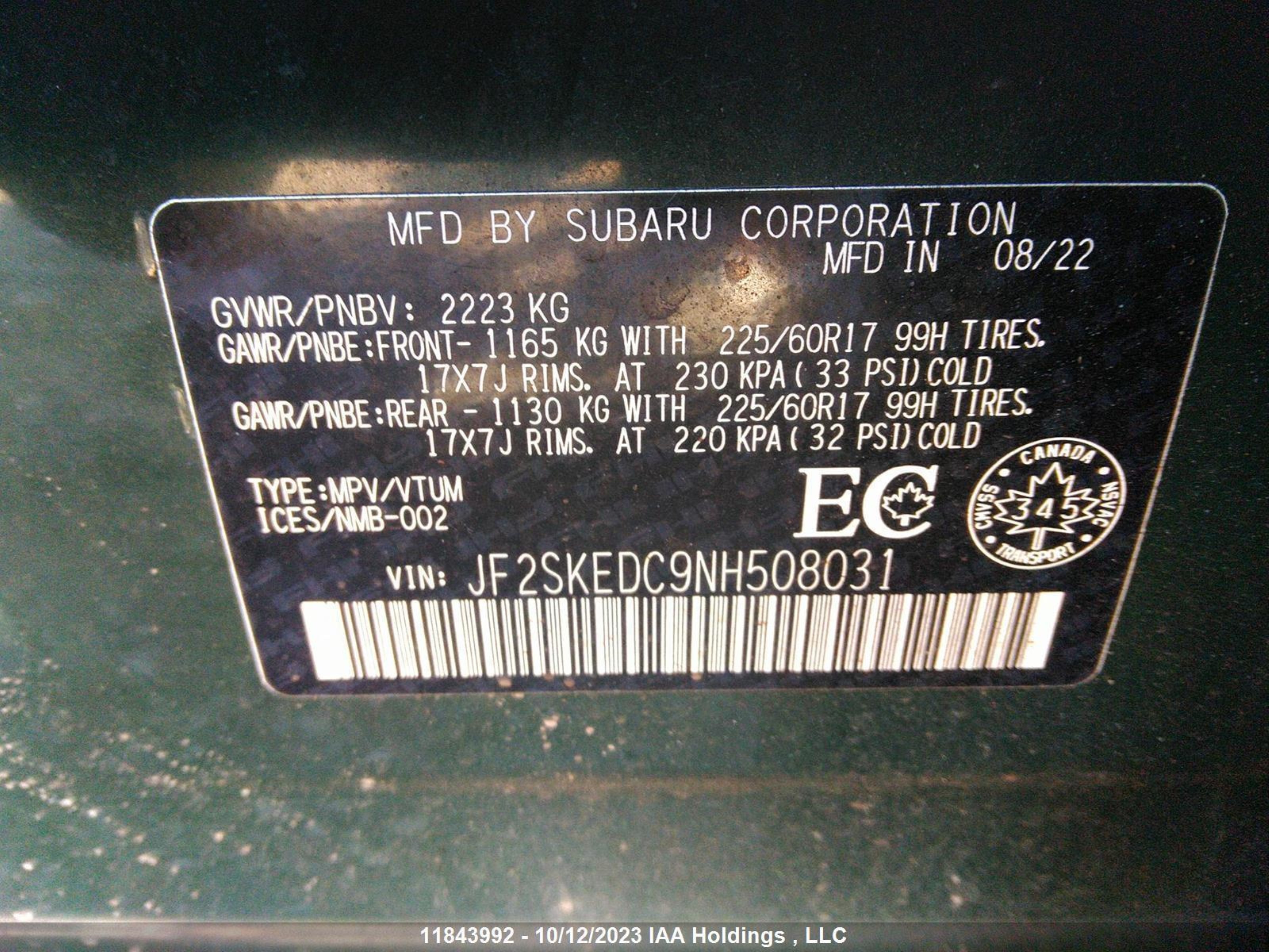 Photo 8 VIN: JF2SKEDC9NH508031 - SUBARU FORESTER 