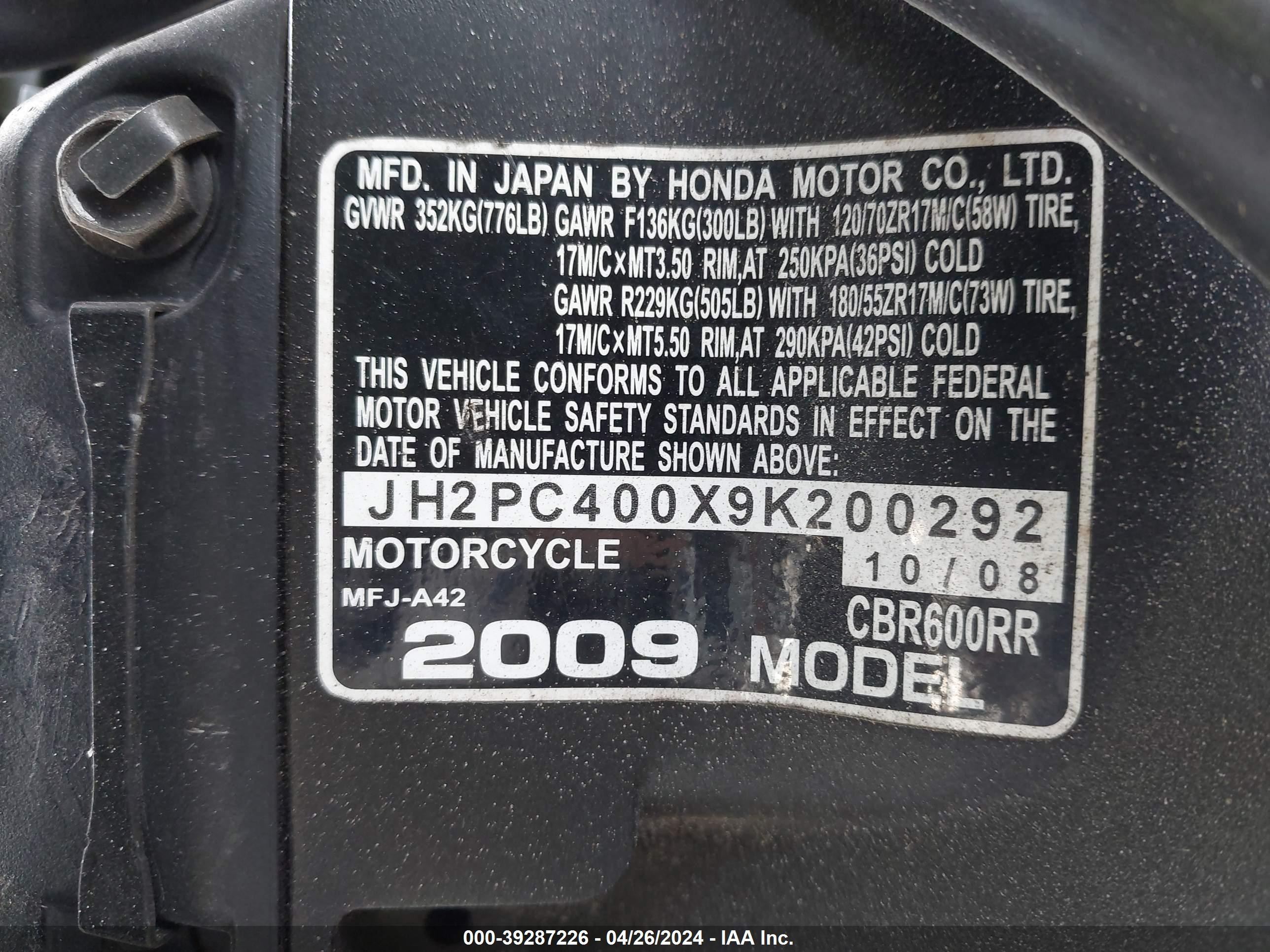 Photo 9 VIN: JH2PC400X9K200292 - HONDA NULL 