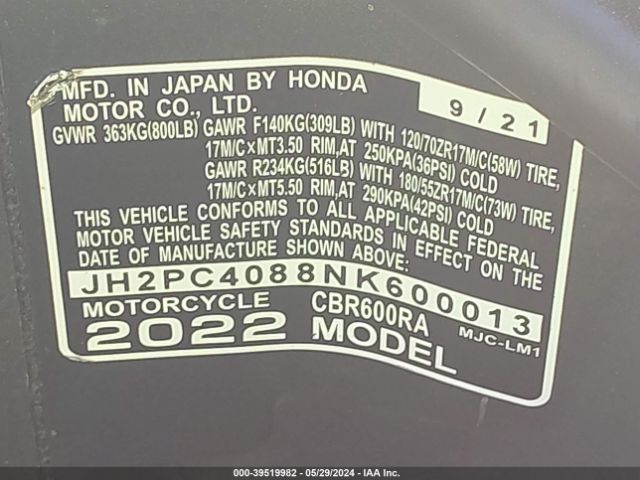 Photo 9 VIN: JH2PC4088NK600013 - HONDA CBR600 