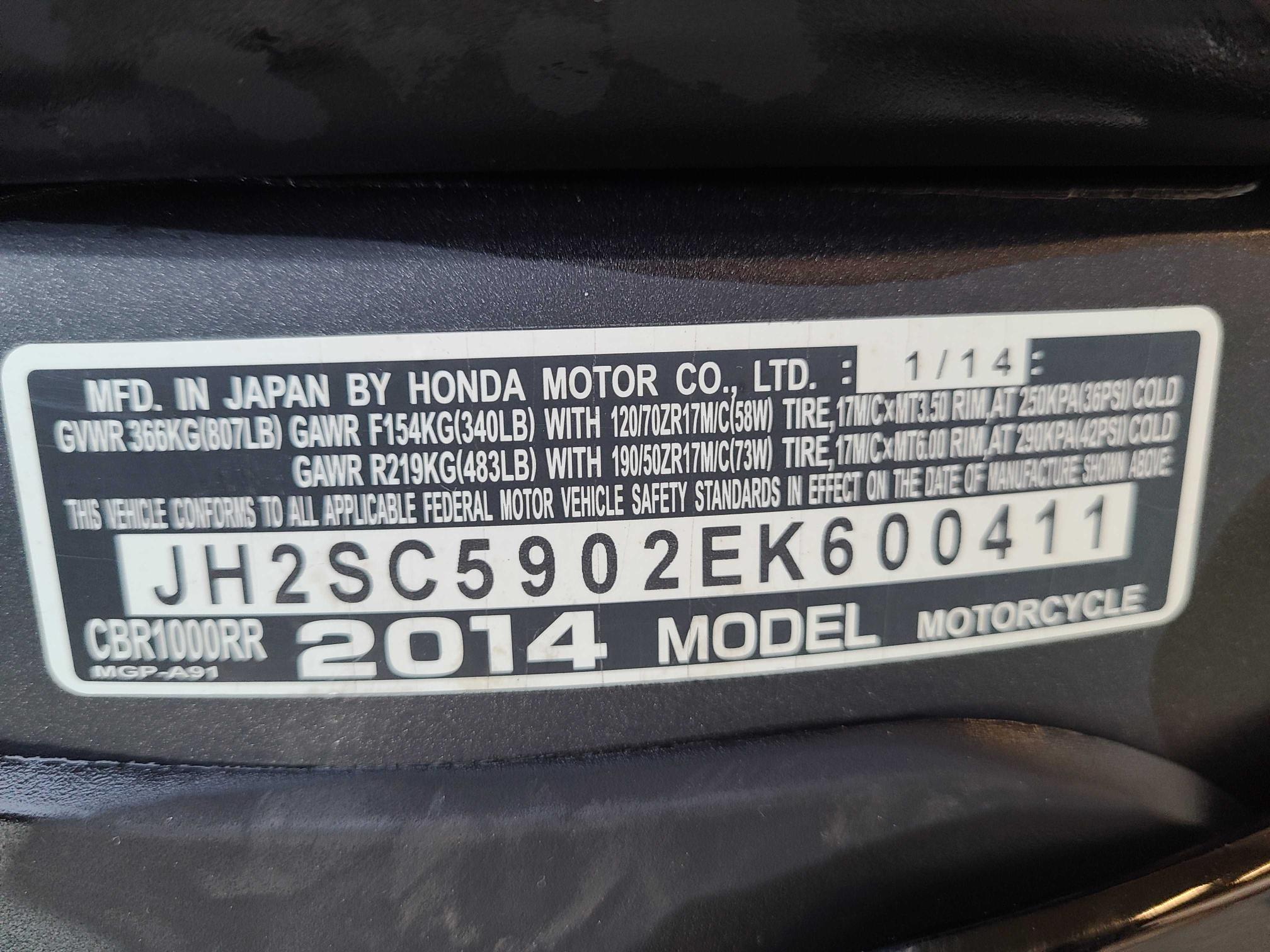 Photo 9 VIN: JH2SC5902EK600411 - HONDA CBR1000 RR 