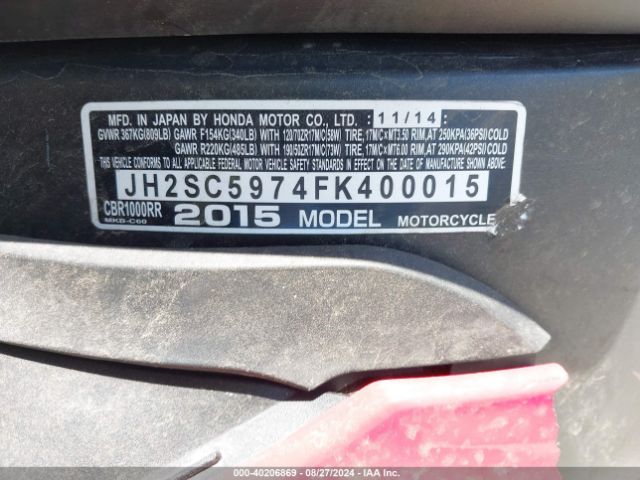 Photo 9 VIN: JH2SC5974FK400015 - HONDA CBR1000 