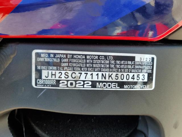 Photo 9 VIN: JH2SC7711NK500453 - HONDA CBR1000 RR 