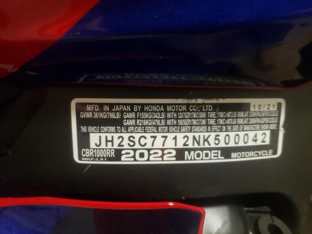 Photo 9 VIN: JH2SC7712NK500042 - HONDA CBR1000 RR 