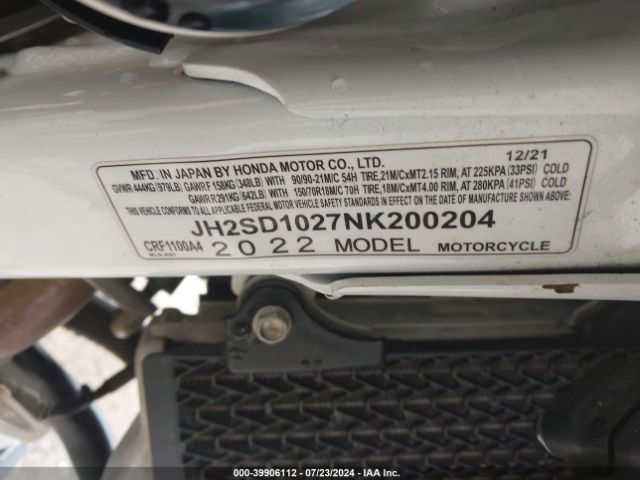 Photo 9 VIN: JH2SD1027NK200204 - HONDA CRF1100A4 