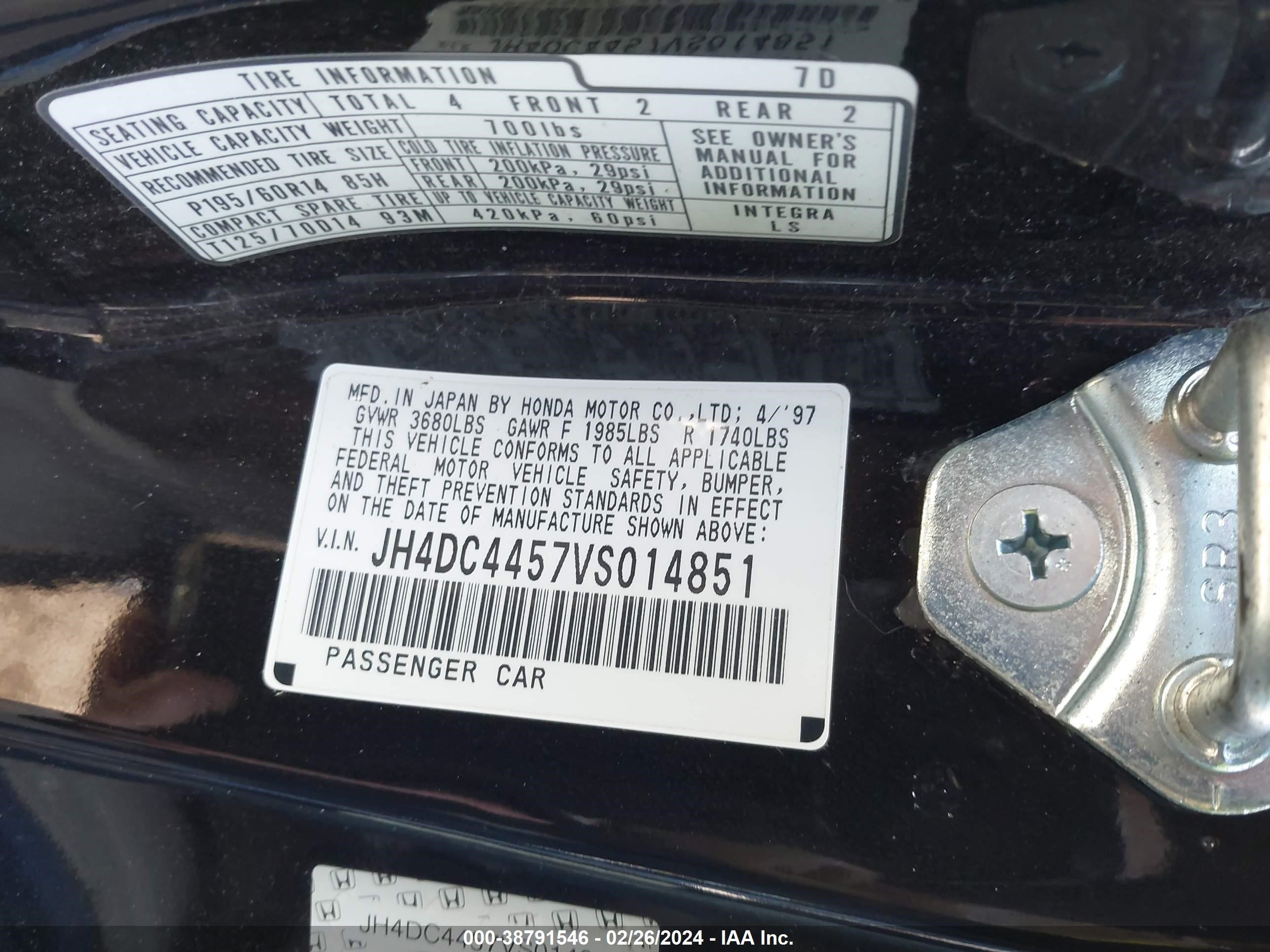 Photo 8 VIN: JH4DC4457VS014851 - ACURA INTEGRA 