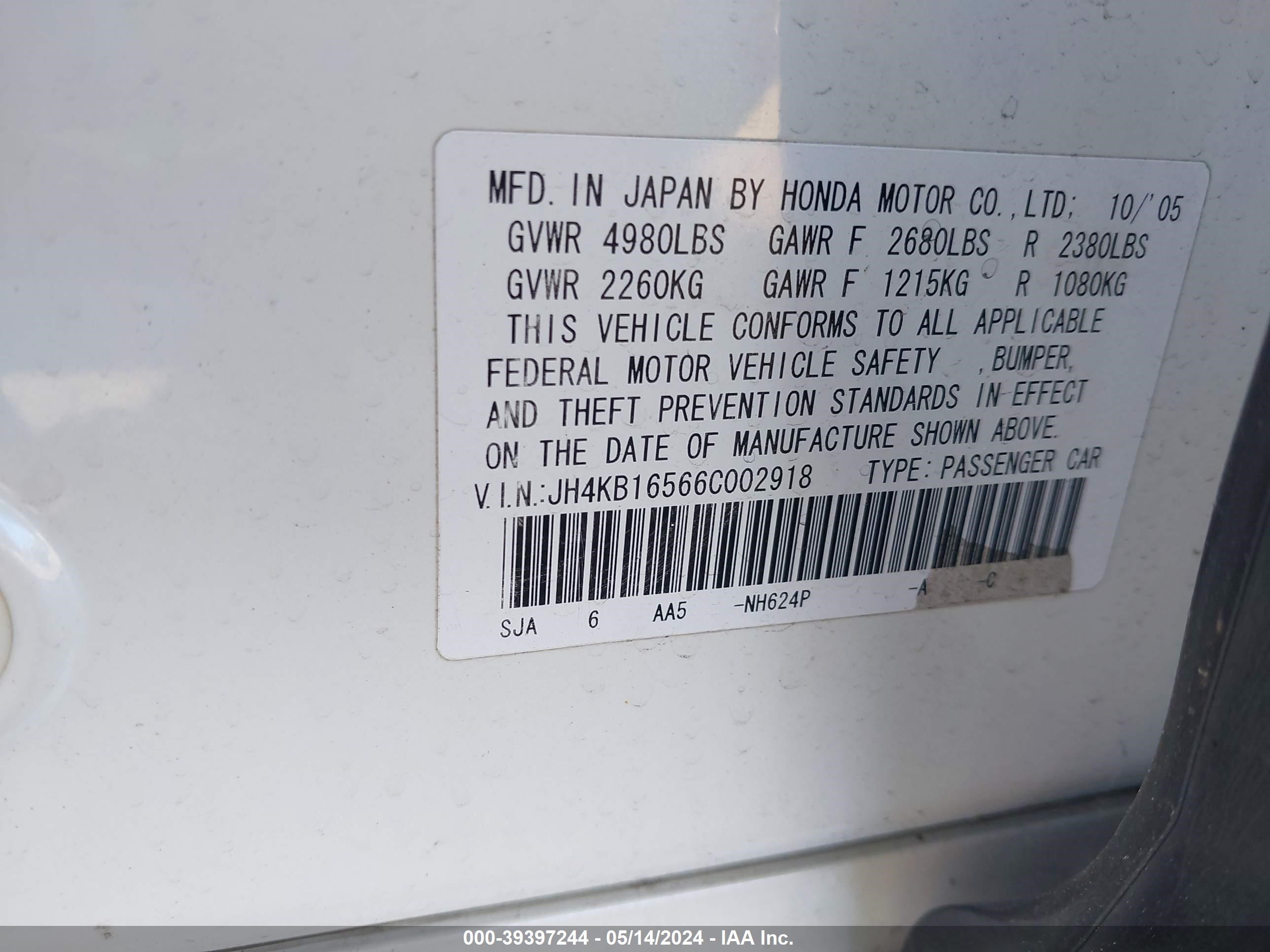 Photo 8 VIN: JH4KB16566C002918 - ACURA RL 