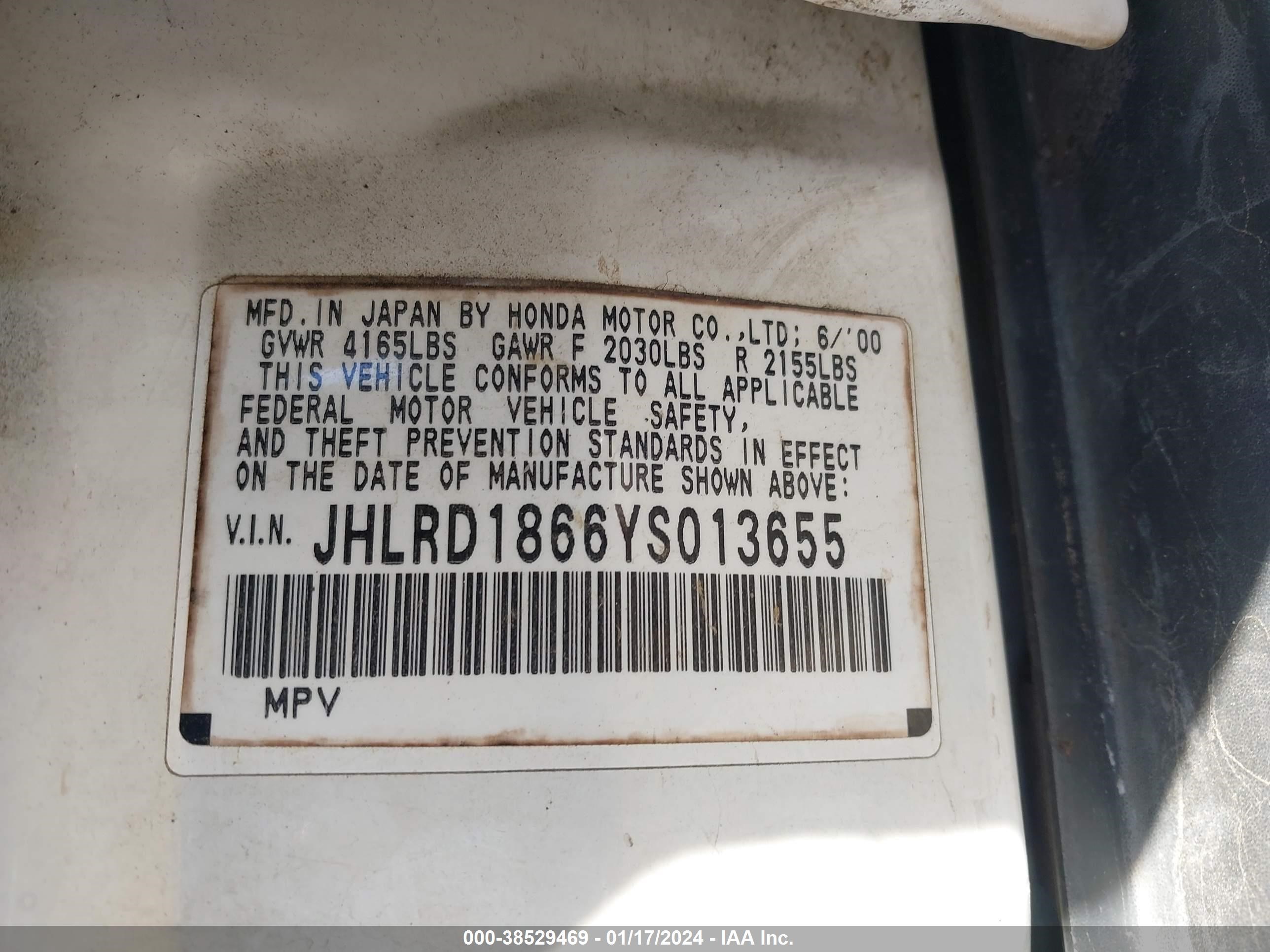 Photo 8 VIN: JHLRD1866YS013655 - HONDA CR-V 