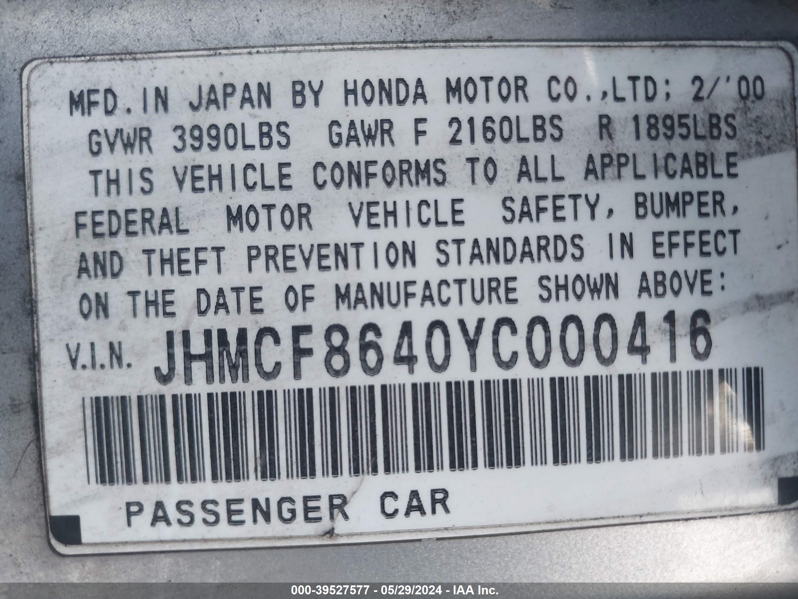 Photo 8 VIN: JHMCF8640YC000416 - HONDA ACCORD 