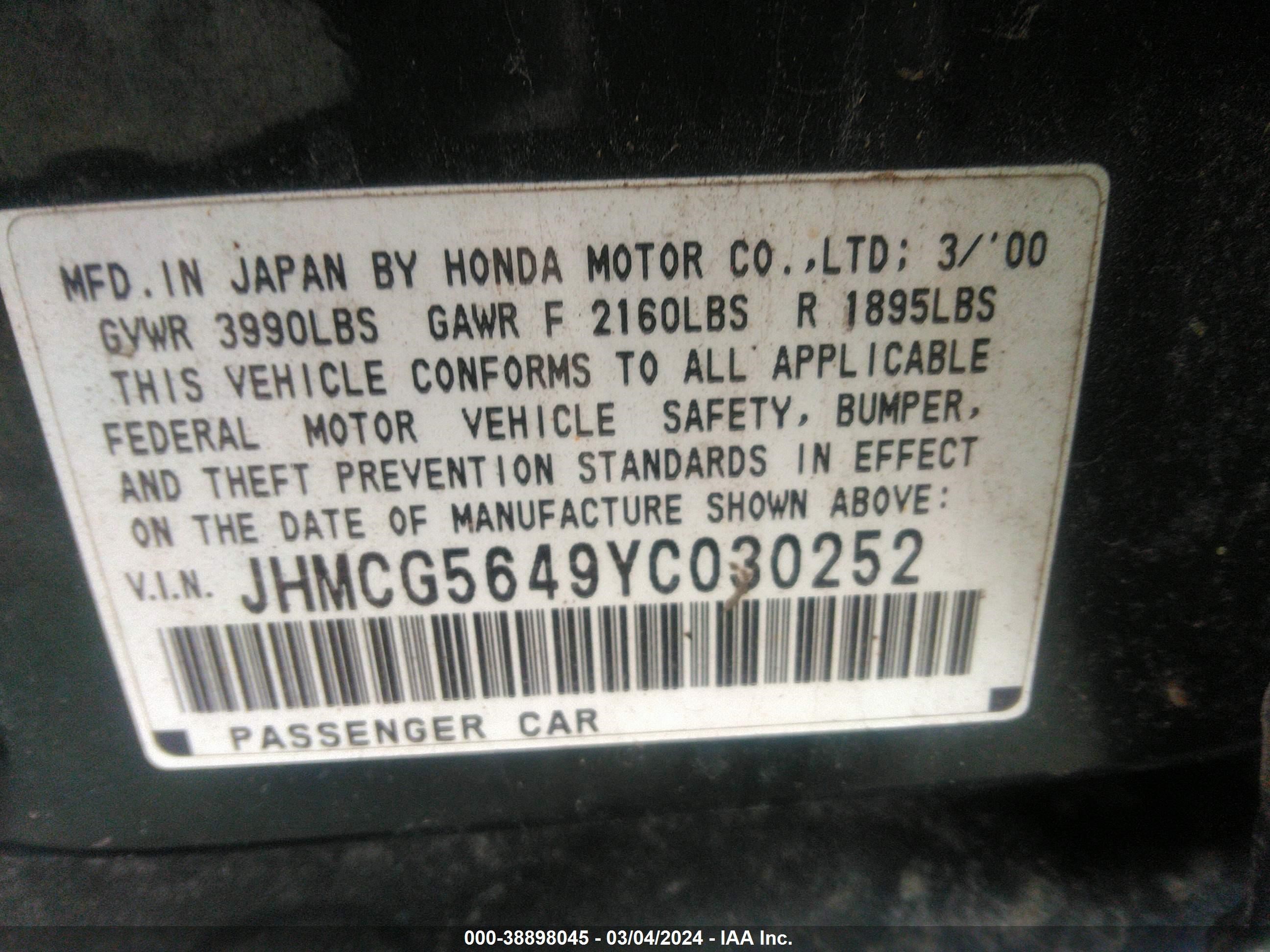 Photo 8 VIN: JHMCG5649YC030252 - HONDA ACCORD 