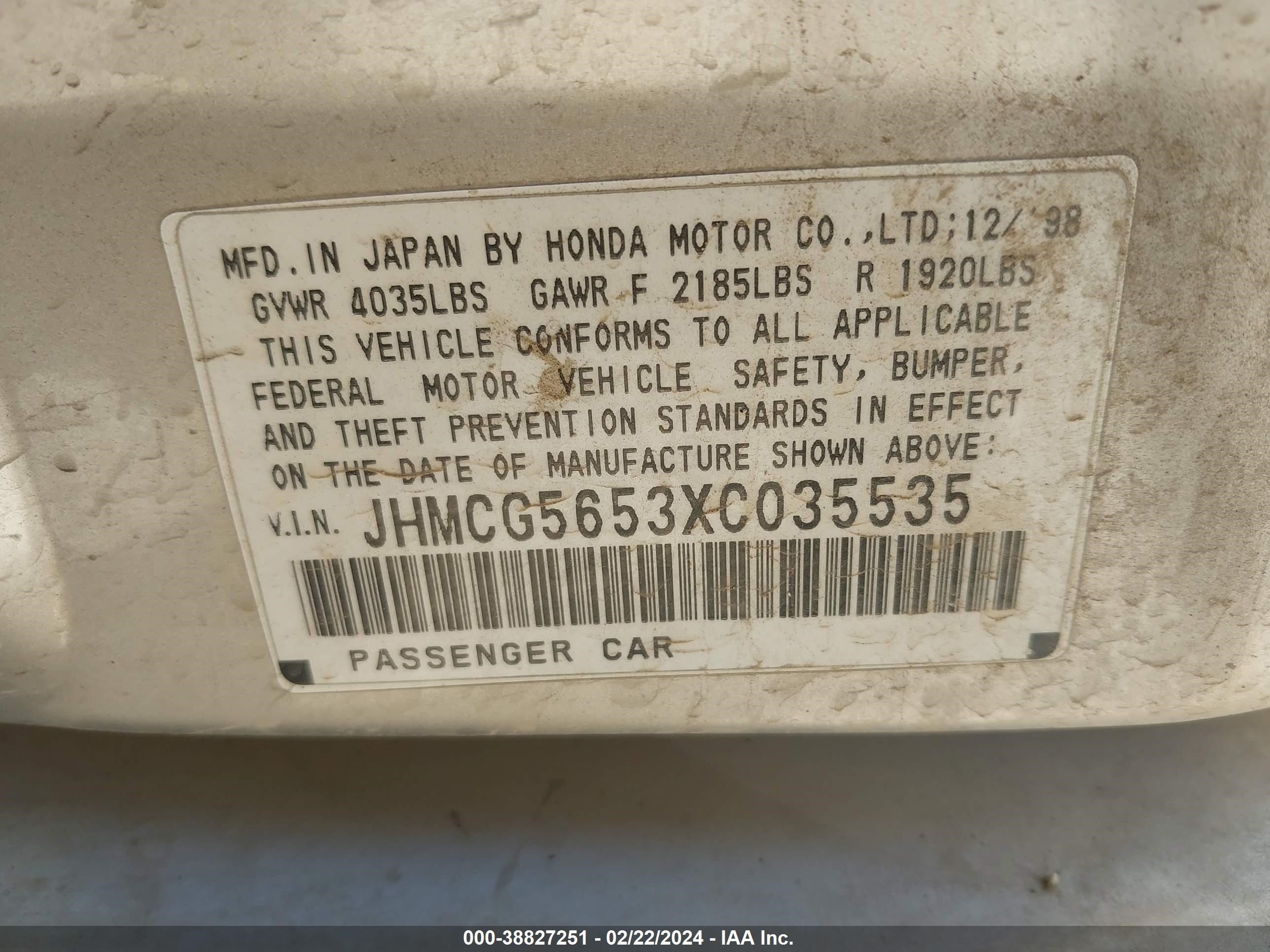 Photo 8 VIN: JHMCG5653XC035535 - HONDA ACCORD 