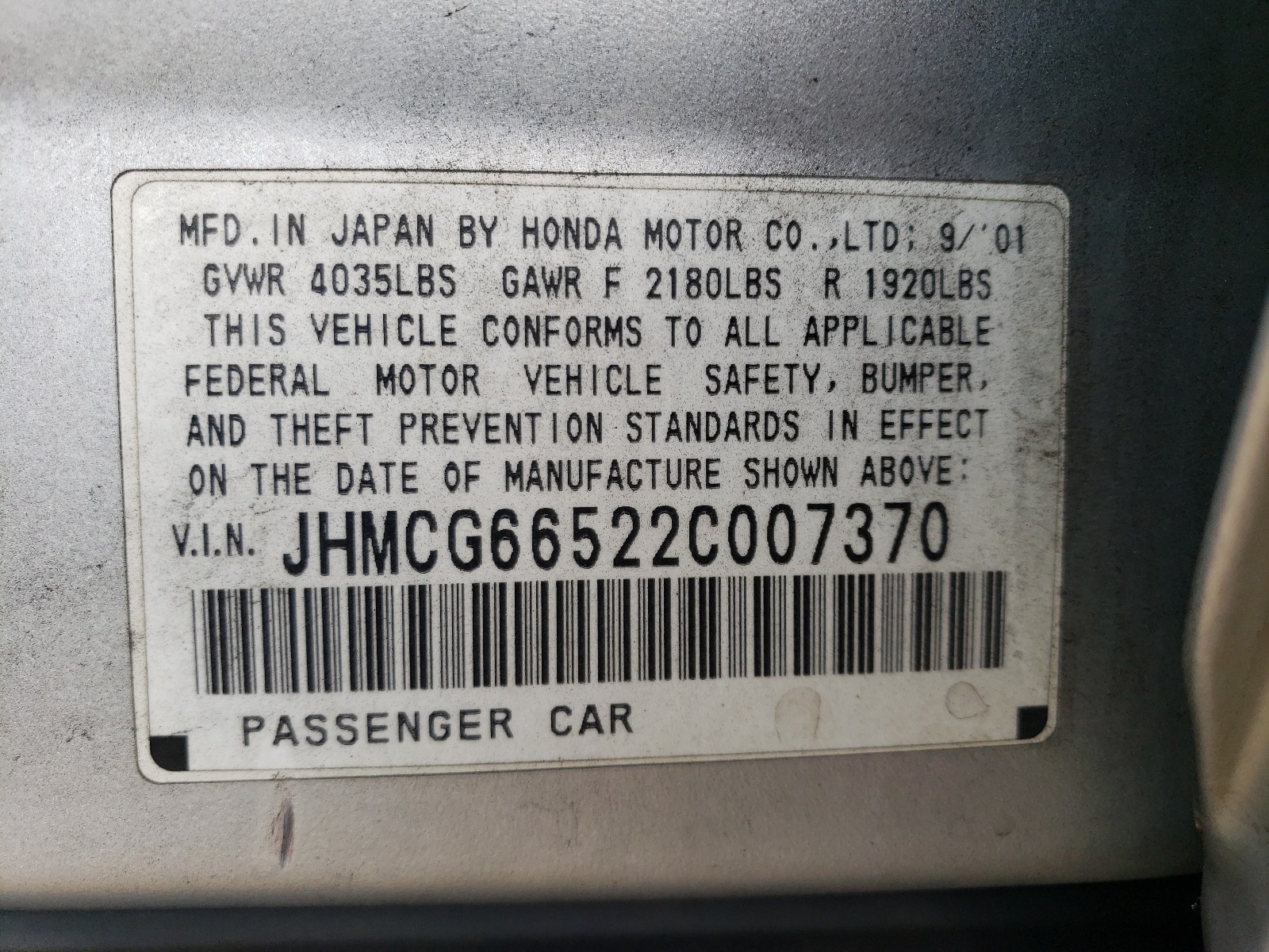 Photo 9 VIN: JHMCG66522C007370 - HONDA ACCORD LX 