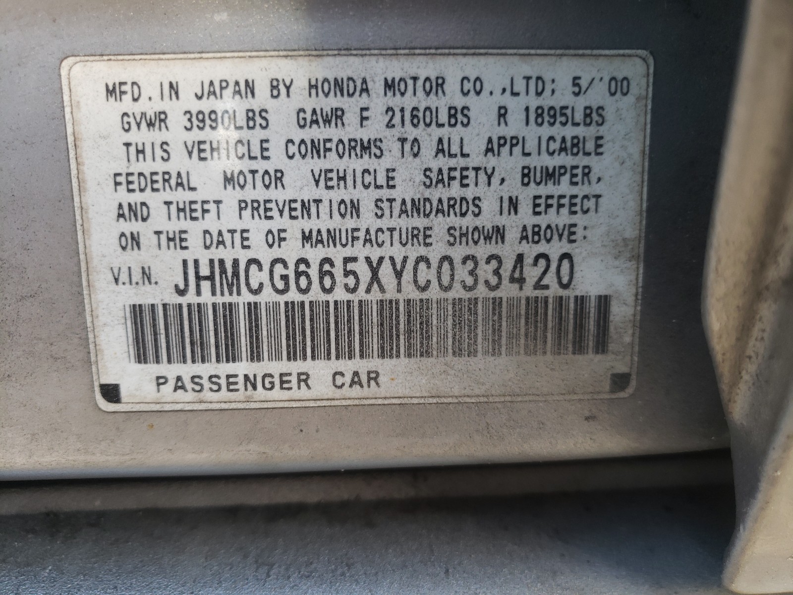 Photo 9 VIN: JHMCG665XYC033420 - HONDA ACCORD LX 