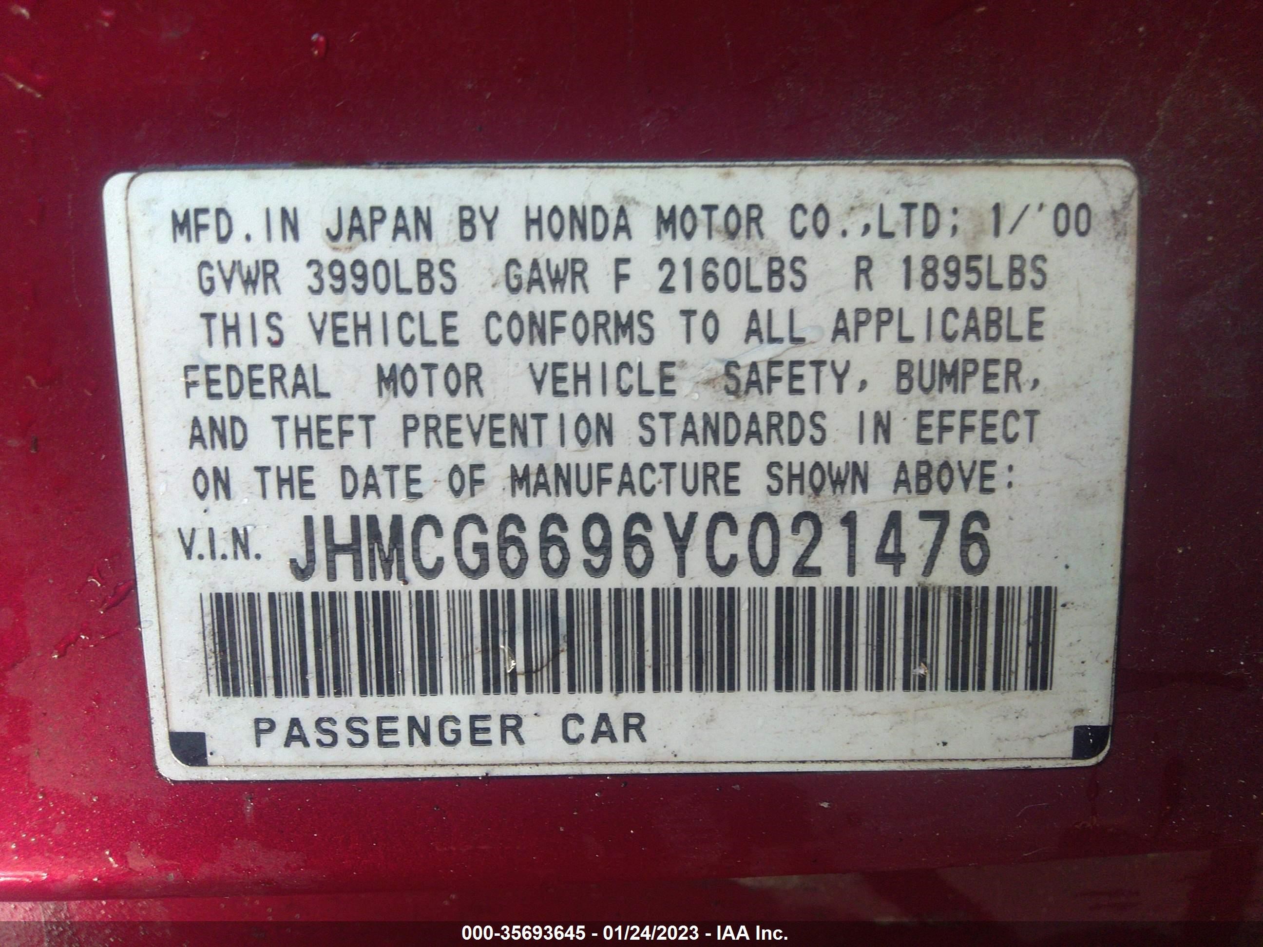 Photo 9 VIN: JHMCG6696YC021476 - HONDA ACCORD 