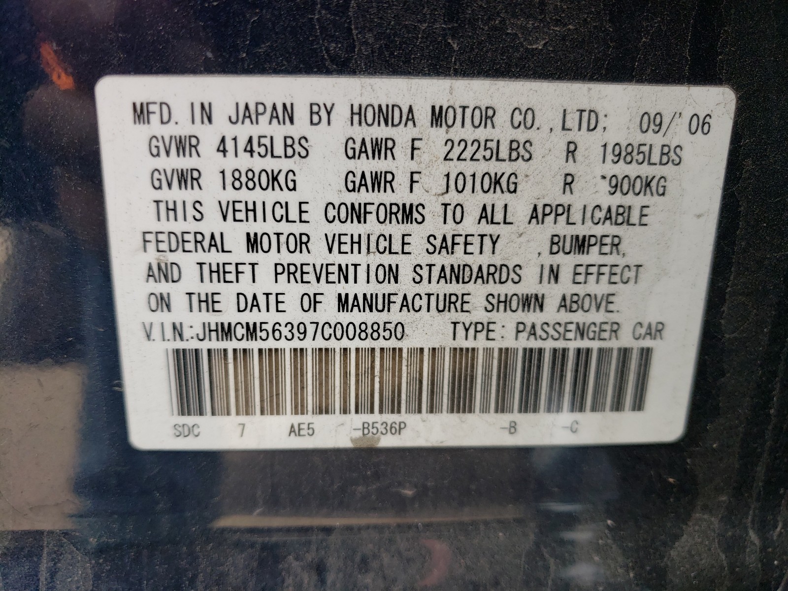 Photo 9 VIN: JHMCM56397C008850 - HONDA ACCORD SE 