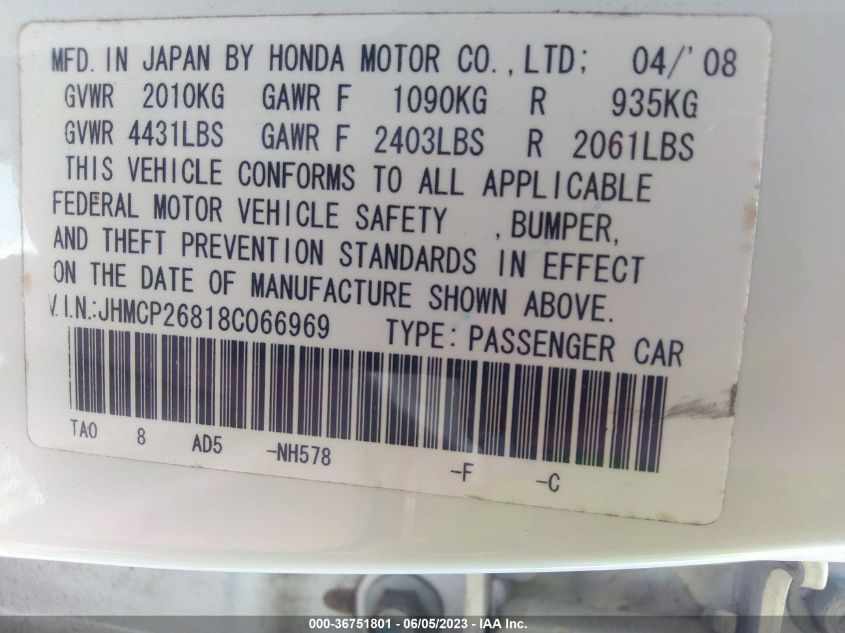 Photo 8 VIN: JHMCP26818C066969 - HONDA ACCORD 