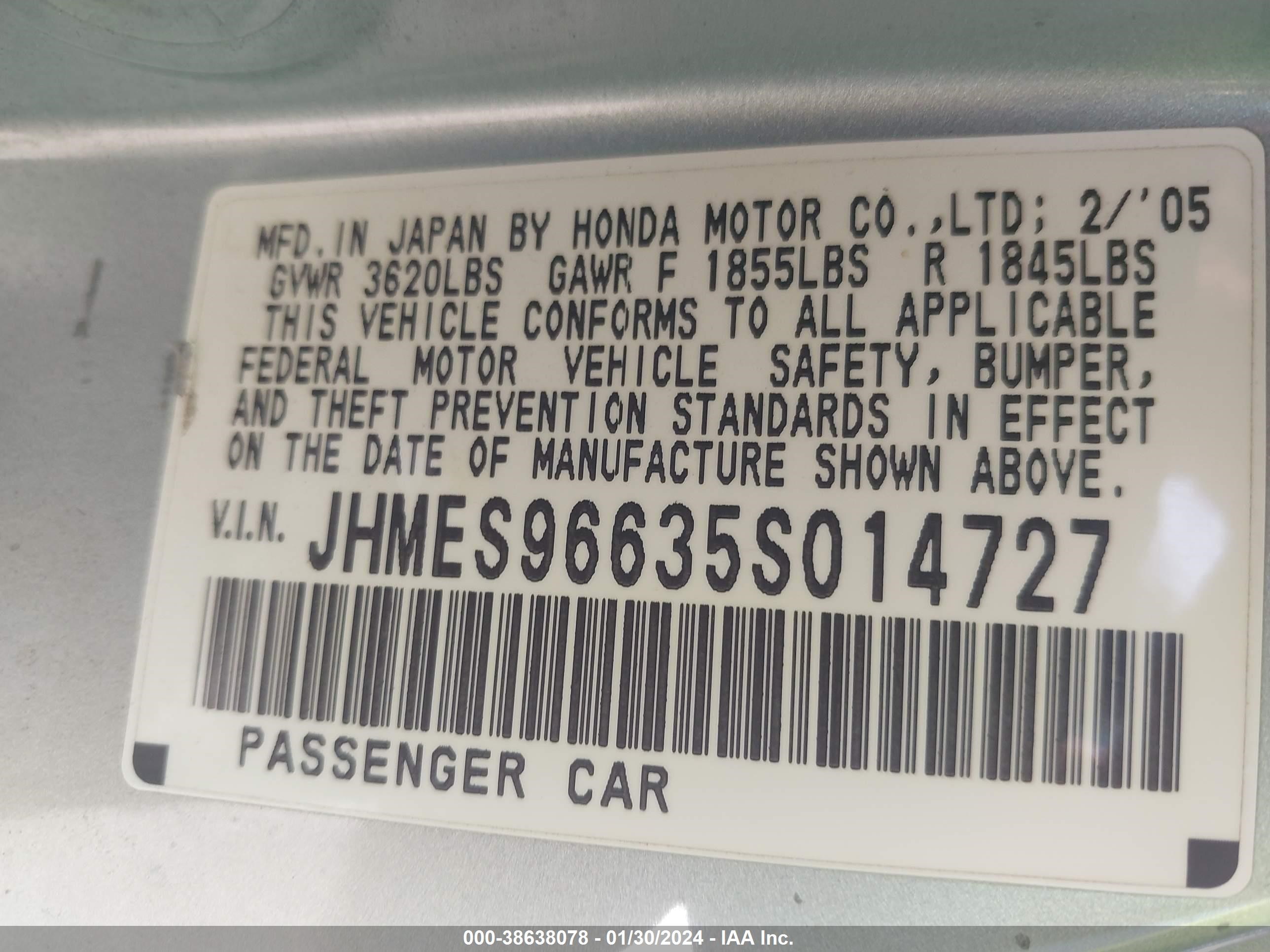 Photo 8 VIN: JHMES96635S014727 - HONDA CIVIC 