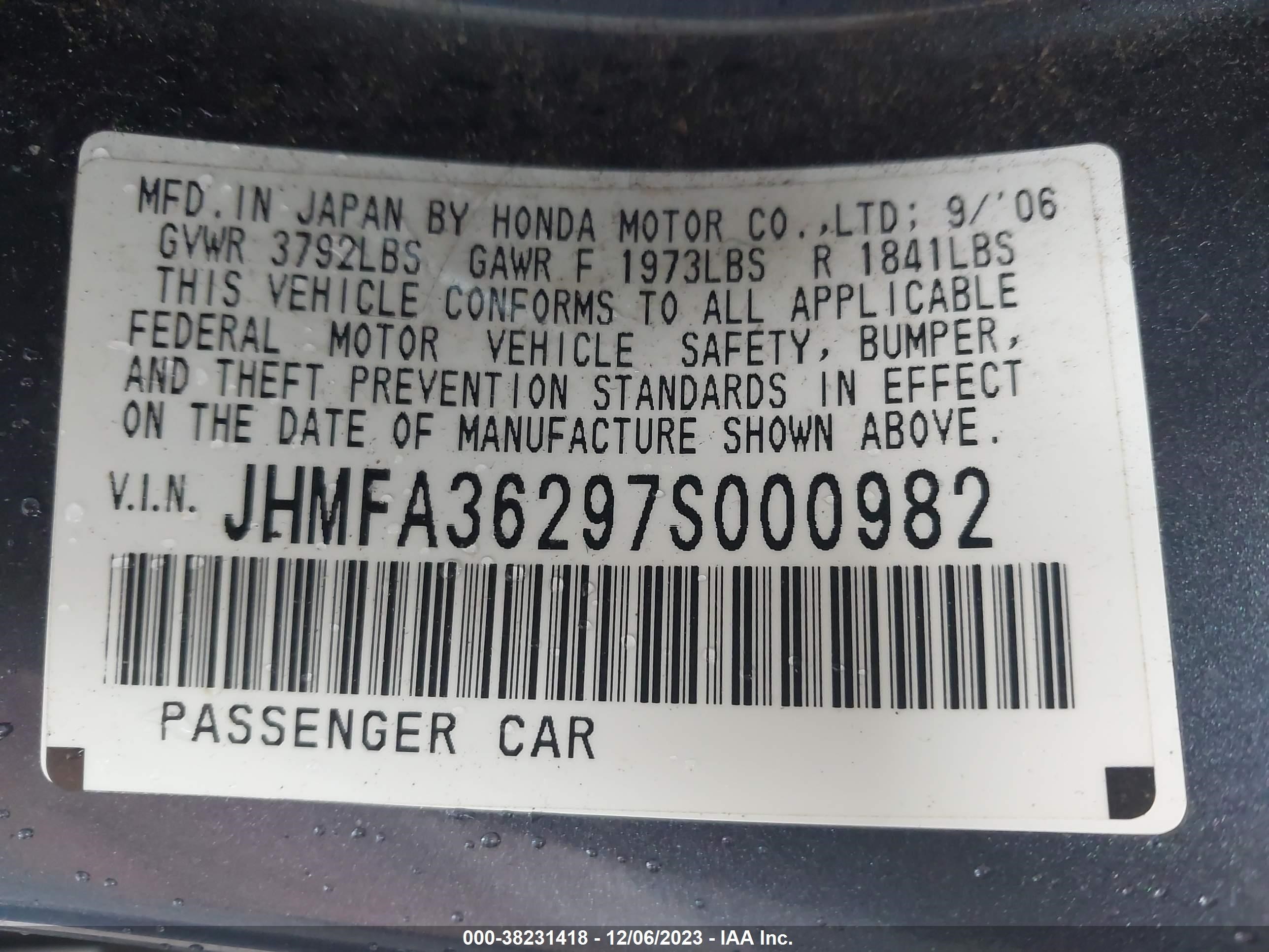 Photo 8 VIN: JHMFA36297S000982 - HONDA CIVIC 