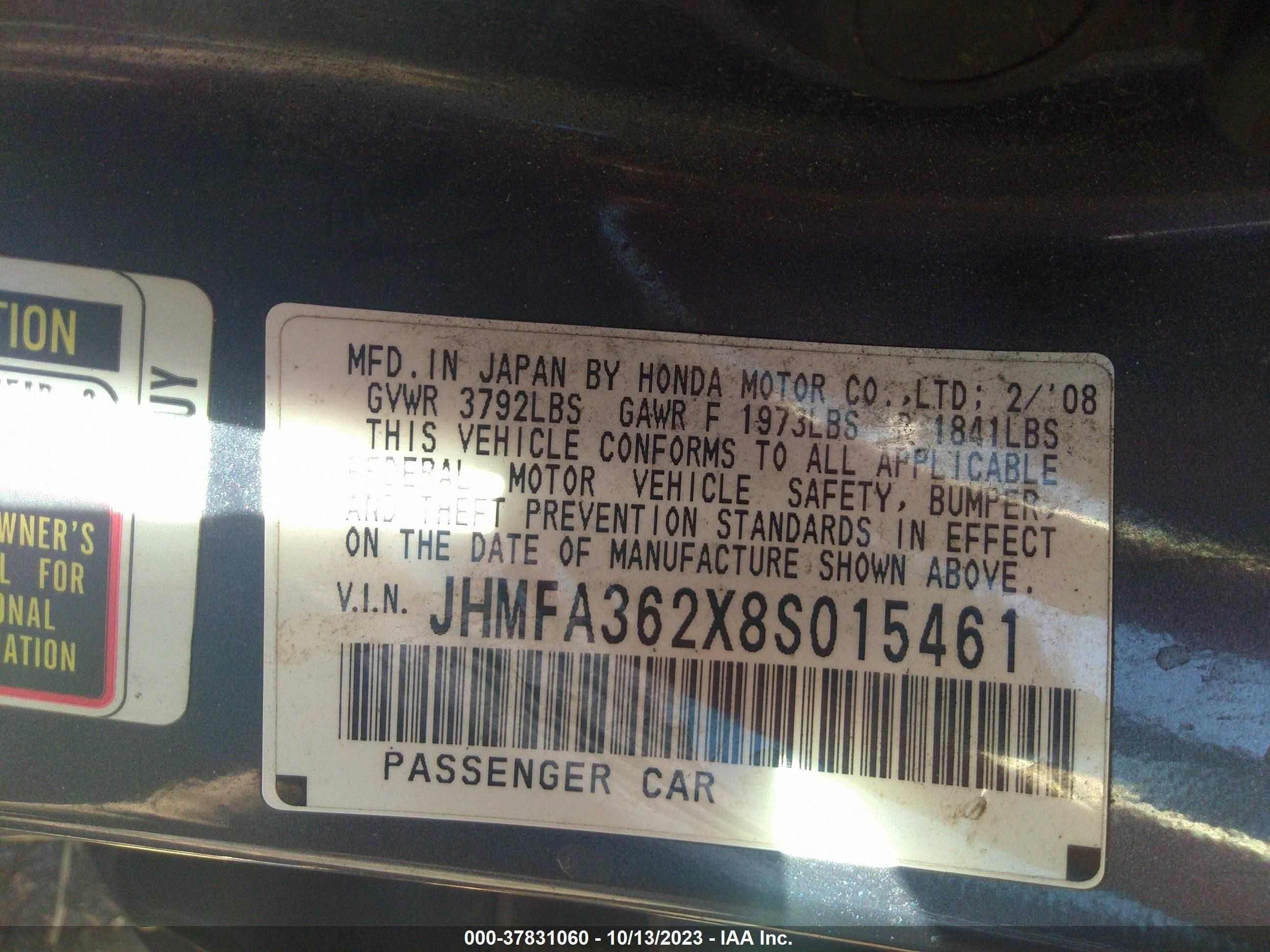 Photo 8 VIN: JHMFA362X8S015461 - HONDA CIVIC 