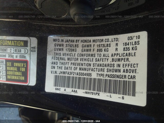 Photo 8 VIN: JHMFA3F21AS004905 - HONDA CIVIC HYBRID 