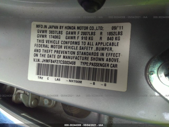 Photo 8 VIN: JHMFB4F27CS003408 - HONDA CIVIC HYBRID 