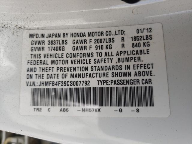 Photo 9 VIN: JHMFB4F39CS007792 - HONDA CIVIC HYBR 