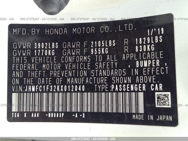 Photo 8 VIN: JHMFC1F32KX012040 - HONDA CIVIC SEDAN 