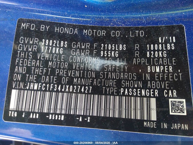 Photo 8 VIN: JHMFC1F34JX027427 - HONDA CIVIC SEDAN 