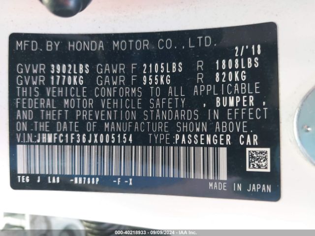 Photo 8 VIN: JHMFC1F36JX005154 - HONDA CIVIC 