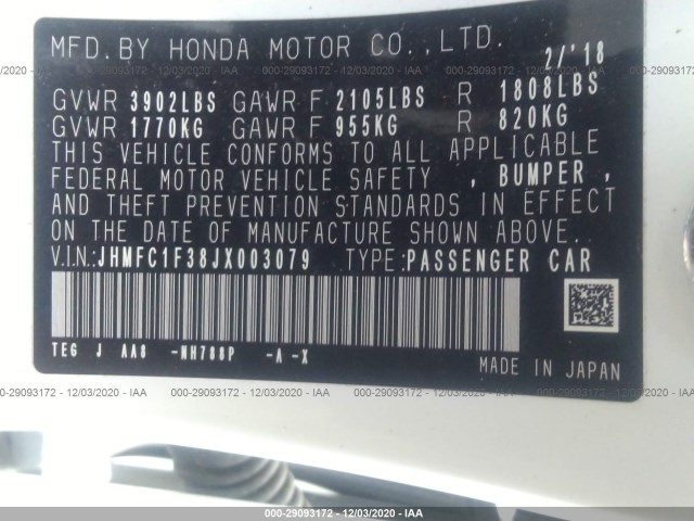 Photo 8 VIN: JHMFC1F38JX003079 - HONDA CIVIC SEDAN 