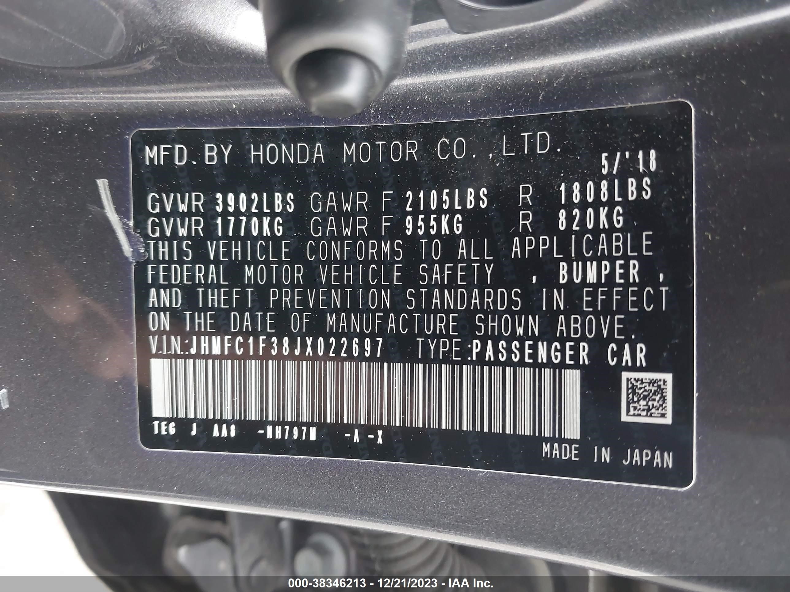 Photo 8 VIN: JHMFC1F38JX022697 - HONDA CIVIC 