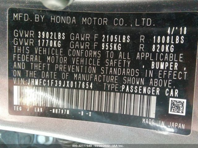 Photo 8 VIN: JHMFC1F39JX017654 - HONDA CIVIC SEDAN 