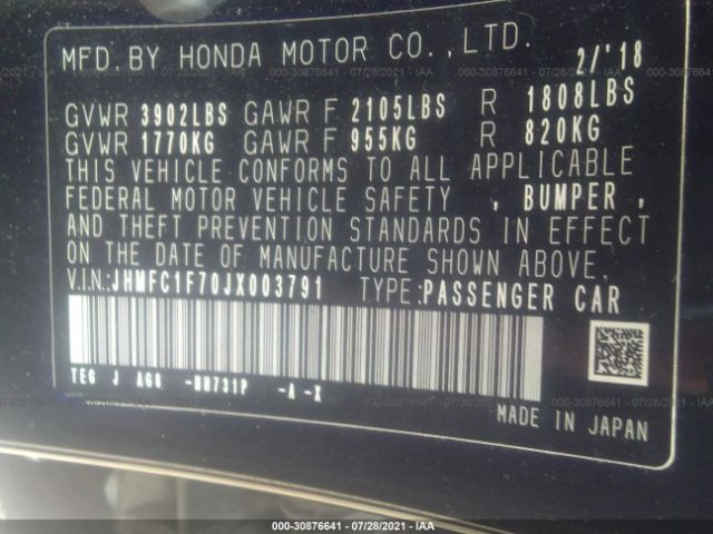 Photo 8 VIN: JHMFC1F70JX003791 - HONDA CIVIC SEDAN 