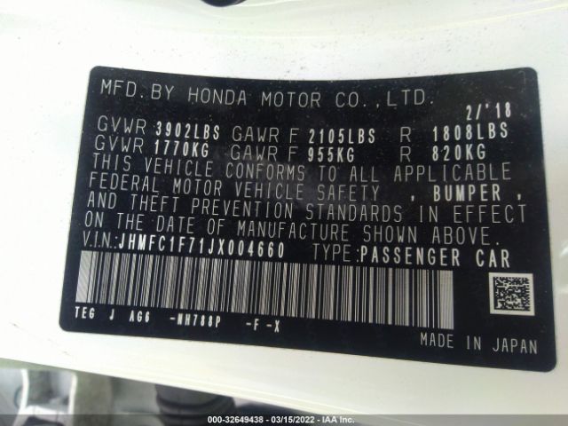 Photo 8 VIN: JHMFC1F71JX004660 - HONDA CIVIC SEDAN 