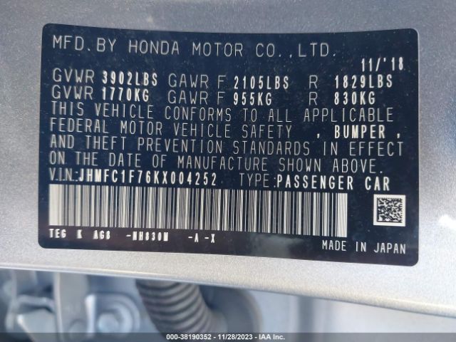 Photo 8 VIN: JHMFC1F76KX004252 - HONDA CIVIC 