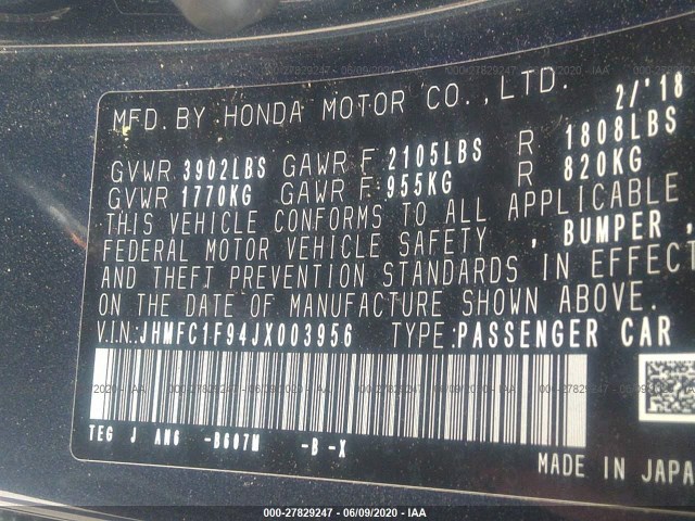 Photo 8 VIN: JHMFC1F94JX003956 - HONDA CIVIC SEDAN 