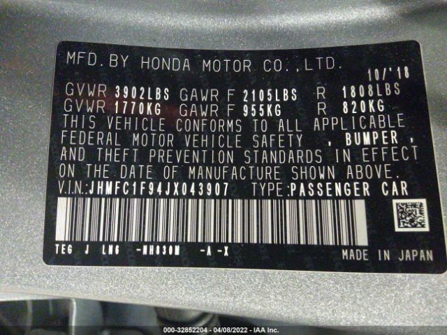 Photo 8 VIN: JHMFC1F94JX043907 - HONDA CIVIC SEDAN 