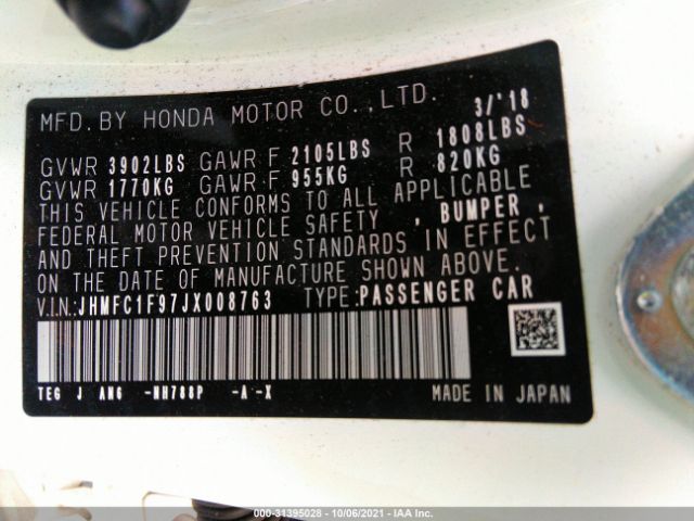 Photo 8 VIN: JHMFC1F97JX008763 - HONDA CIVIC SEDAN 