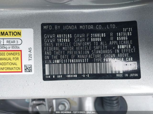 Photo 8 VIN: JHMFE1F70NX005377 - HONDA CIVIC 