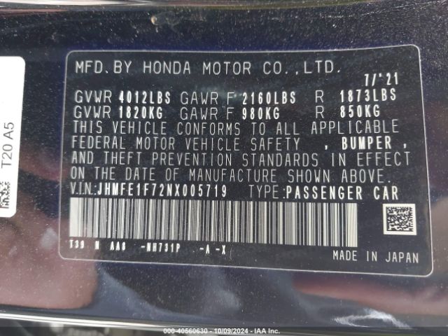 Photo 8 VIN: JHMFE1F72NX005719 - HONDA CIVIC 