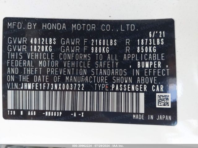 Photo 8 VIN: JHMFE1F73NX003722 - HONDA CIVIC 